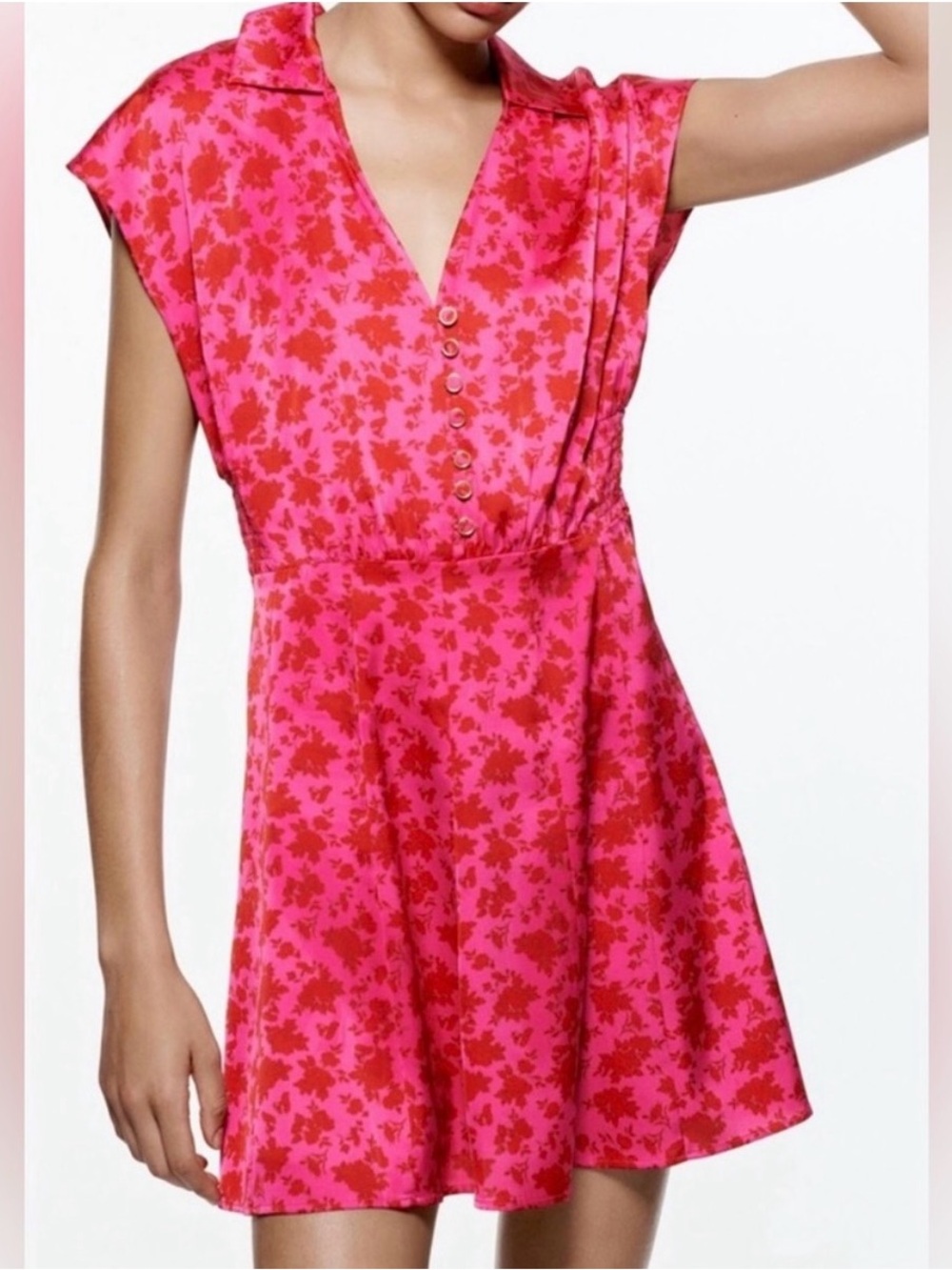 Women's Zara NWT Pink Floral V-Neck Short Dress
